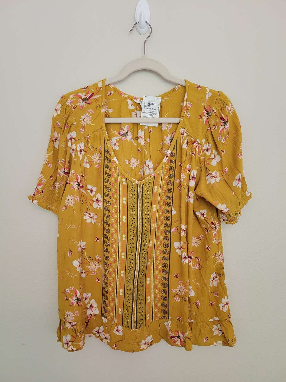 Soma Mustard Floral Embroidered Peasant Blouse